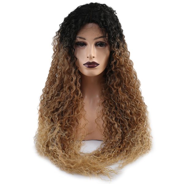 Afro Dalga Fiber Sentetik Tül Peruk - Siyah / Dore Sarı Ombreli