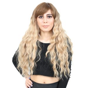 Perçemli Uzun Su Dalgası Fiber Sentetik Peruk - Kumral / Balköpüğü Ombreli