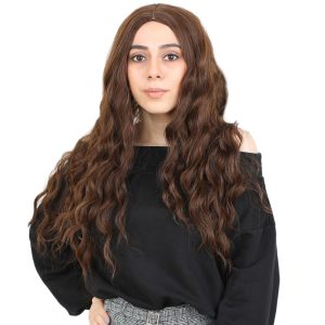 Su Dalgası Uzun Perçemsiz Fiber Sentetik Peruk - Kahve  Karamel