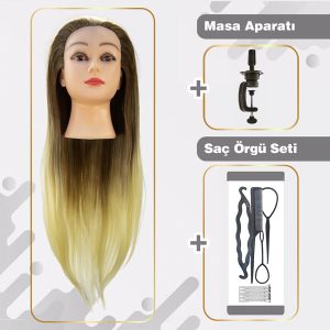 Fiber Sentetik Ombreli Kuaför Eğitim Mankeni Kahverengi / Platin + Masa Aparatı + Saç Örgü Seti