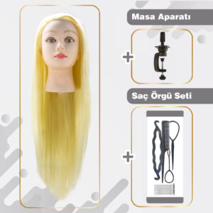 Kuaför Eğitim Mankeni / Platin + Masa Aparatı + Saç Örgü Seti