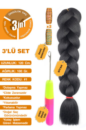 Afrika Zenci Örgüsü Rasta Ve Box Braid için Sentetik Saç + Afro Örgü Tığı + Örgü Boncuğu 3'lü Set