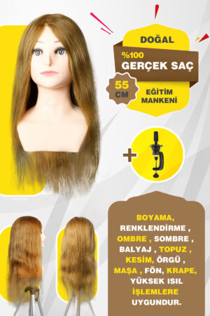 %100 Gerçek Saç Omuzlu Kuaför Eğitim Mankeni – Doğal Boyasız Karamel Renk