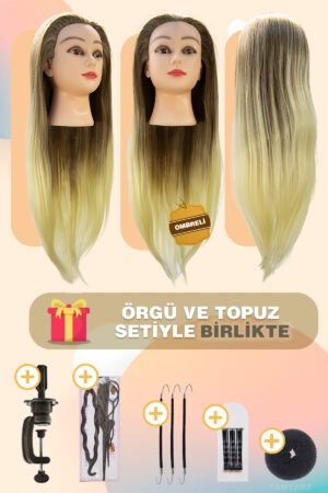 Kuaför Eğitim Mankeni / Kahverengi Platin + Masa Aparatı + Örgü ve Topuz Seti