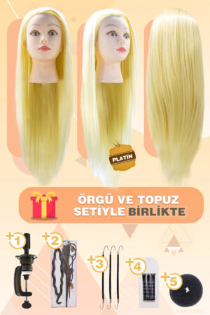 Kuaför Eğitim Mankeni / Platin + Masa Aparatı + Örgü ve Topuz Seti